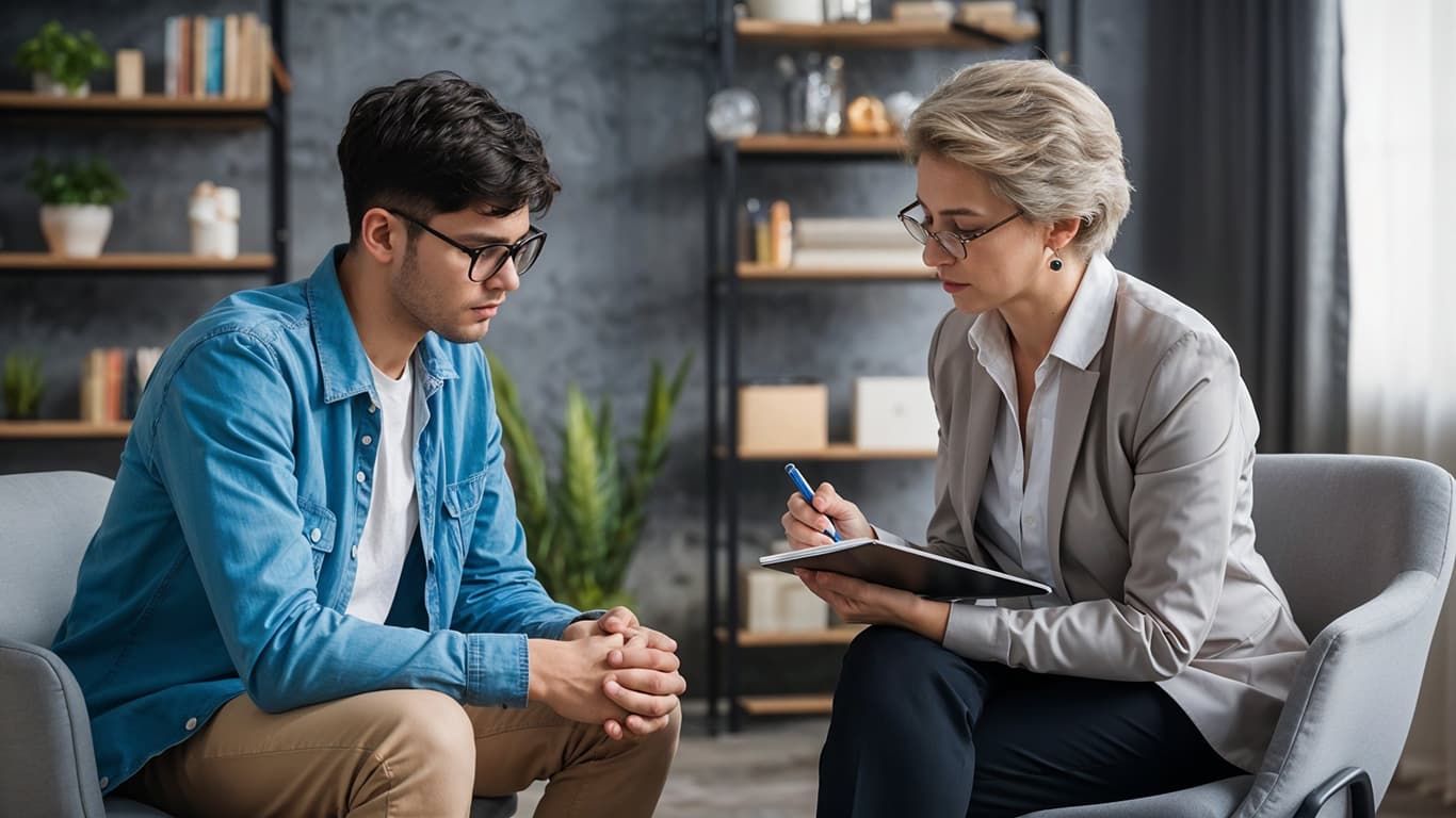 A young man talking with a clinician